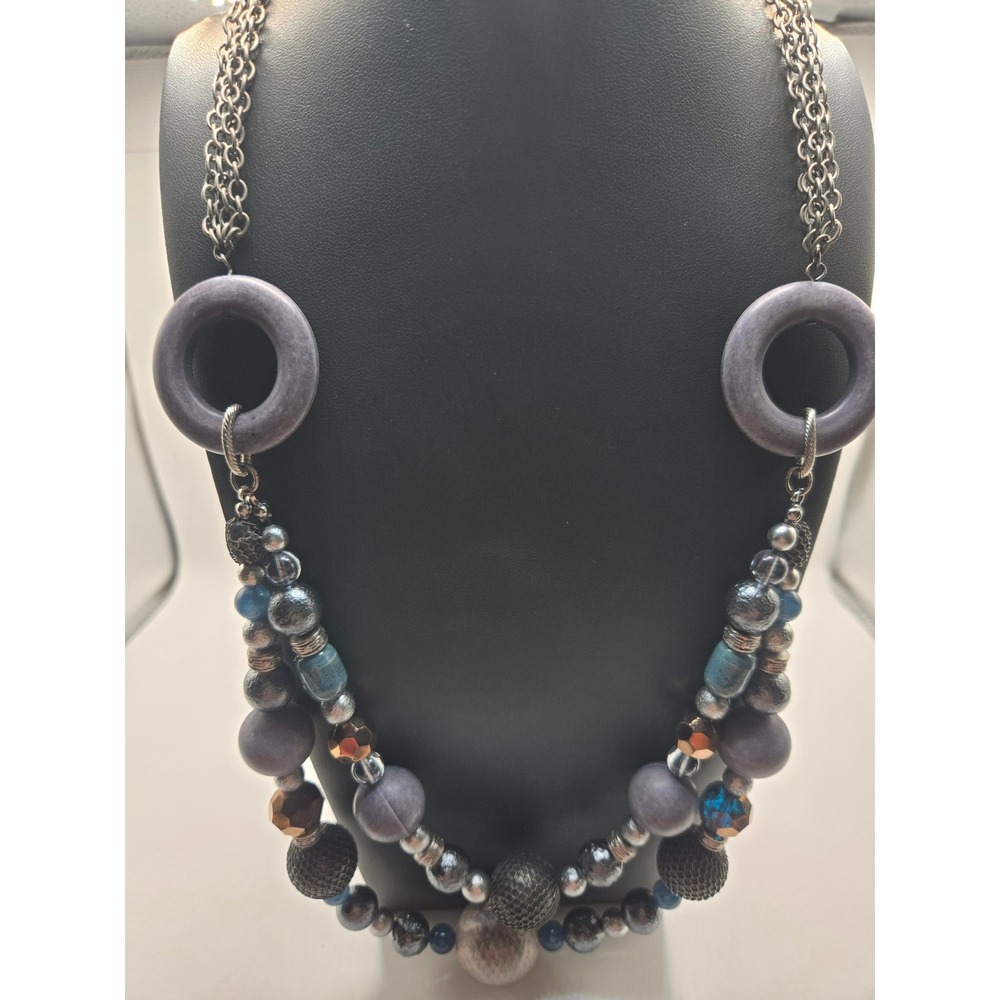 Multi Strand Beaded Statement Necklace Gunmetal Chain Purple Blue Mixed Media
